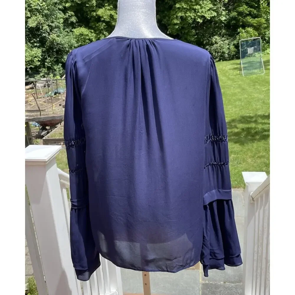 Parker Women 100% Silk Blouse Round Neck Tiered Sleeves Career Wear Navy Blue S - Picture 6 of 11